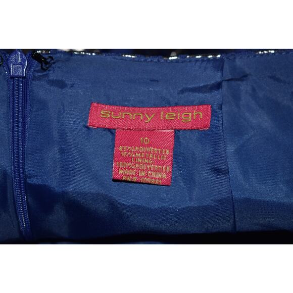 SUNNY LEIGH $68 Blue Silver Metallic Brocade Damask Pencil Skirt Size 10 - Picture 4 of 4